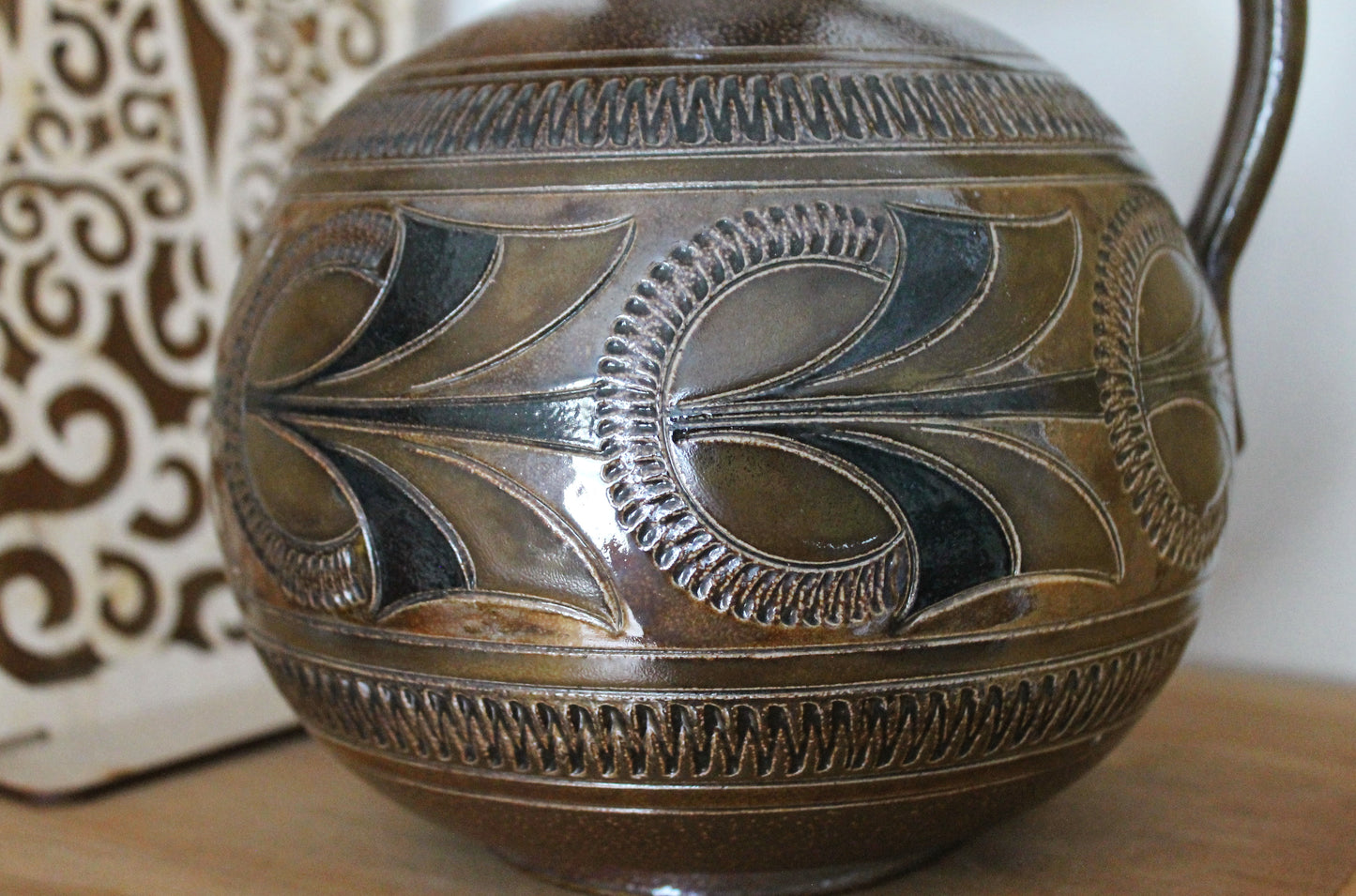 Ceramic Pottery Clay Pot with interesting ornament - Vintage Germany pot - handmade pottery jug - 1990s - Pot-bellied jug