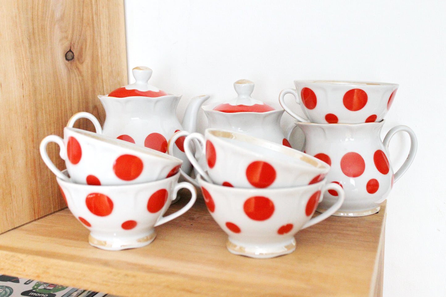 Lovely Rare Soviet vintage tea set, Soviet Porcelain service, Vintage Porcelain set - Kremges porcelain factory - Polka dot service - 1970s