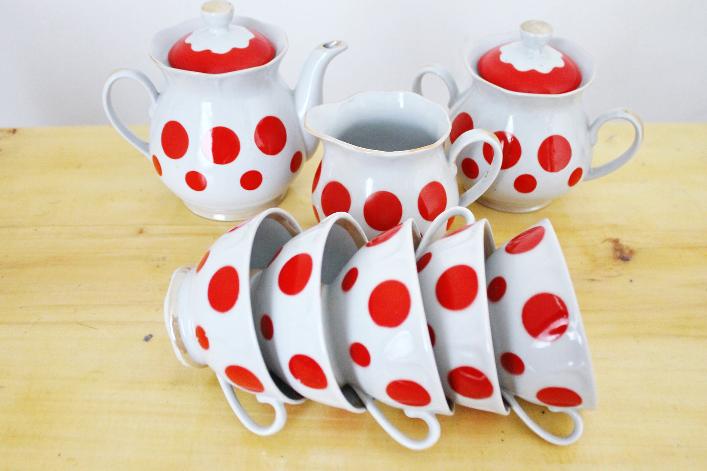 Lovely Rare Soviet vintage tea set, Soviet Porcelain service, Vintage Porcelain set - Kremges porcelain factory - Polka dot service - 1970s