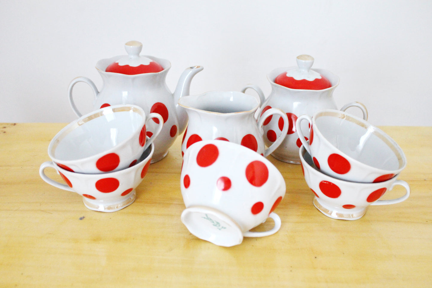 Lovely Rare Soviet vintage tea set, Soviet Porcelain service, Vintage Porcelain set - Kremges porcelain factory - Polka dot service - 1970s