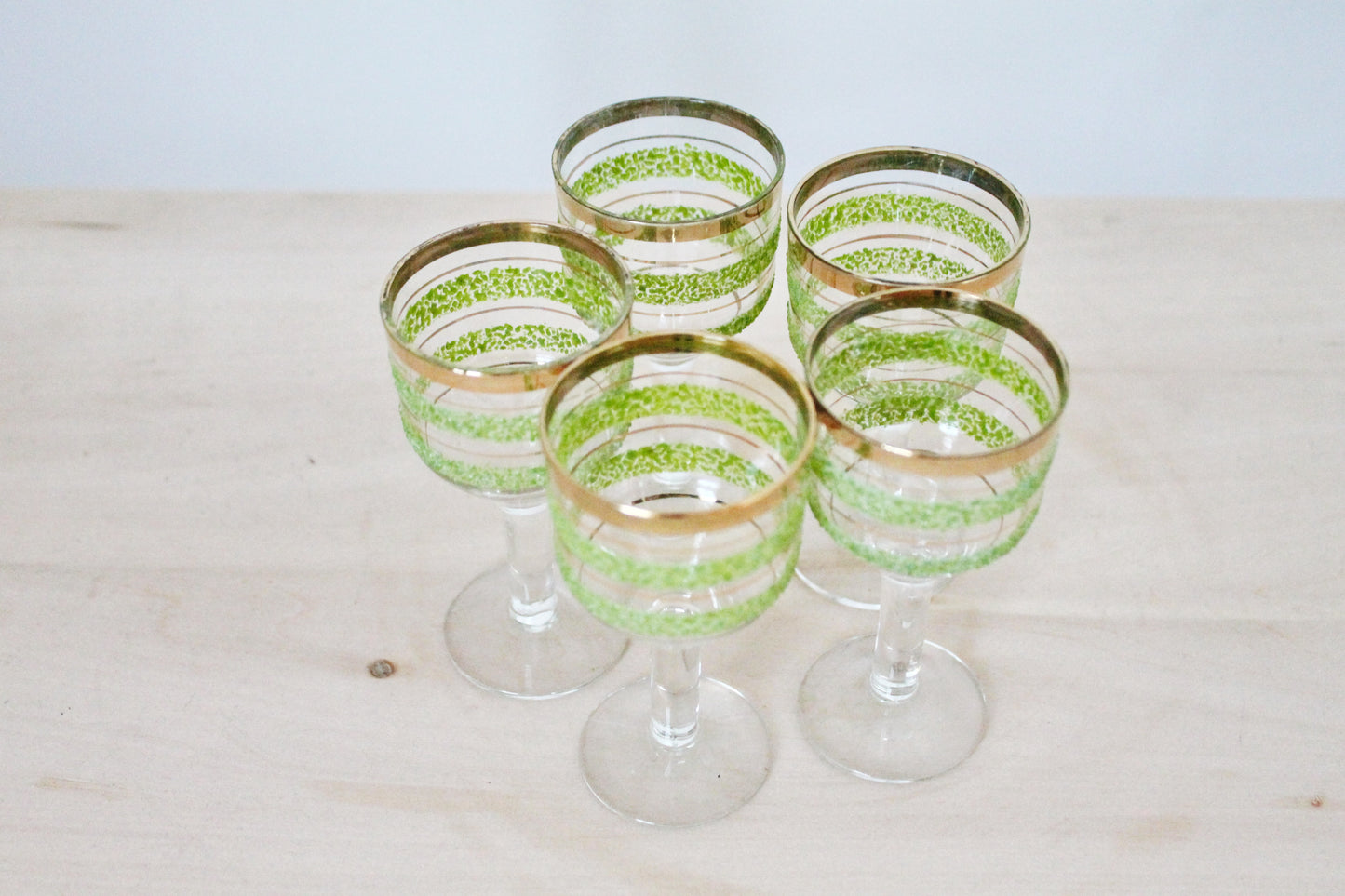 Set of 5 Vintage USSR small Glasses on a leg, glasswares, housewares, antique, home decor, 1970-s. Soviet Union. Holiday decor