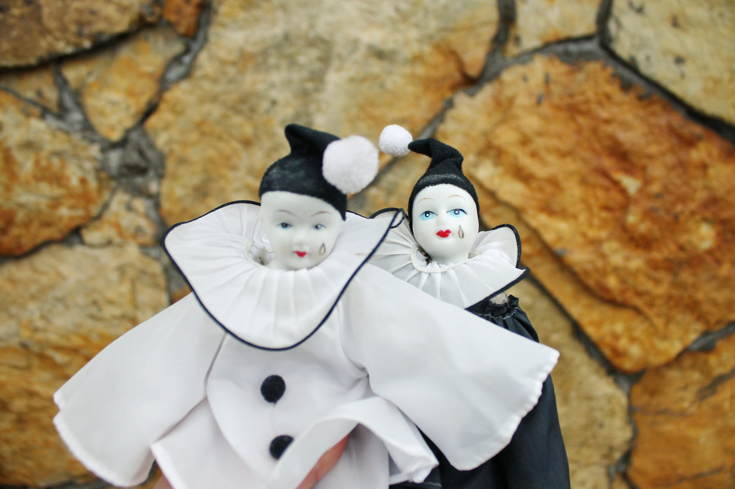 Set of two vintage porcelain Venetian small dolls Black/White- Harlequins - 20 cm - 7.9 inches - porcelain doll - decor doll - 1980s