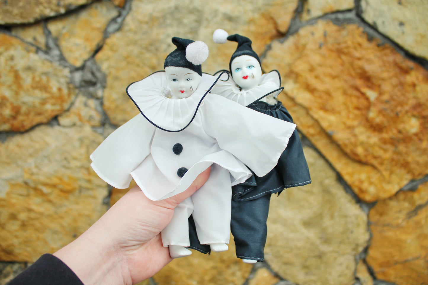Set of two vintage porcelain Venetian small dolls Black/White- Harlequins - 20 cm - 7.9 inches - porcelain doll - decor doll - 1980s