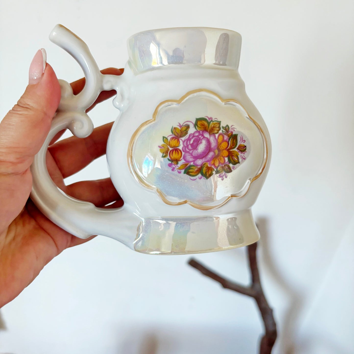 Vintage Soviet Mineral Water Drinking Cup, 1970s Porcelain Spa Buvette Mug, Floral Lustre Ceramic Vessel, Ukraine Souvenir