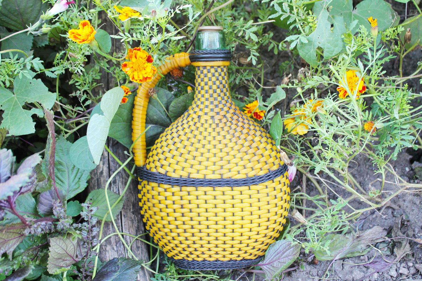 Wicker bottle - 14 inches - Vintage Rustic Soviet Wicker Demijohn Wine Bottle - Brandy glass bottle - made in USSR