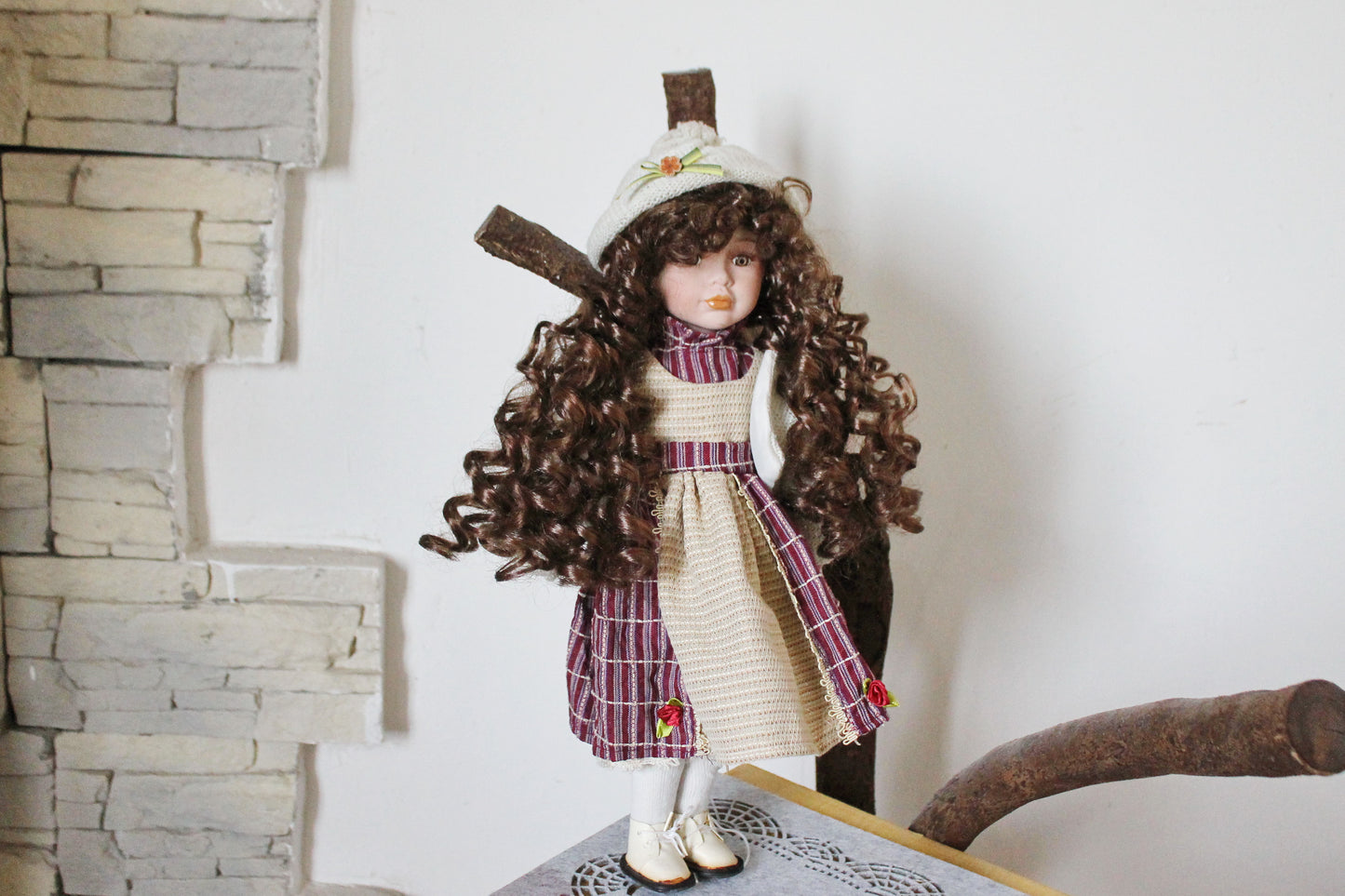 Vintage porcelain Germany cute winter doll in in a knitted hat - 16 inches - Collectible doll - 1970-1980s