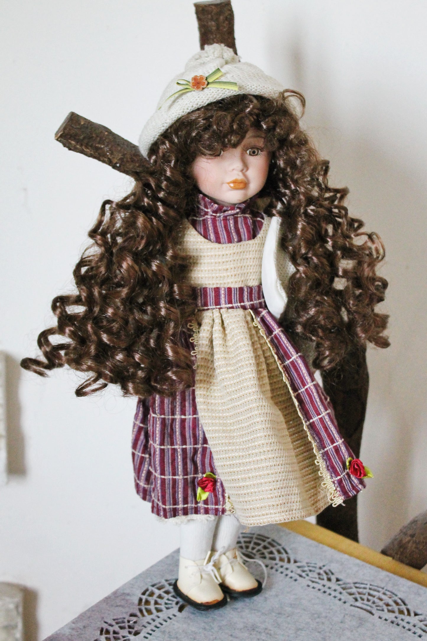 Vintage porcelain Germany cute winter doll in in a knitted hat - 16 inches - Collectible doll - 1970-1980s