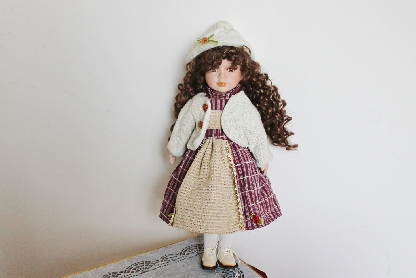 Vintage porcelain Germany cute winter doll in in a knitted hat - 16 inches - Collectible doll - 1970-1980s