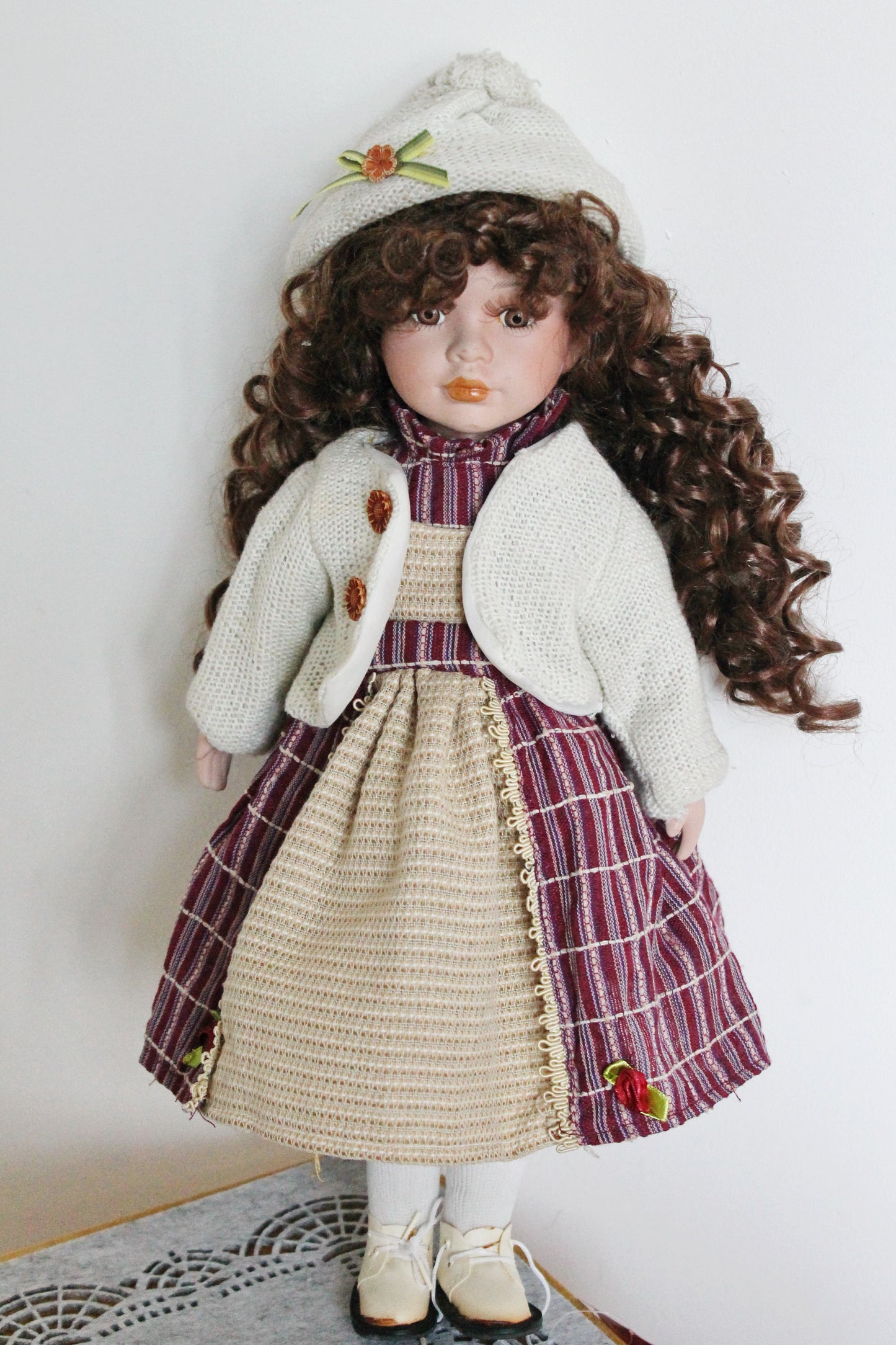 Vintage porcelain Germany cute winter doll in in a knitted hat - 16 inches - Collectible doll - 1970-1980s