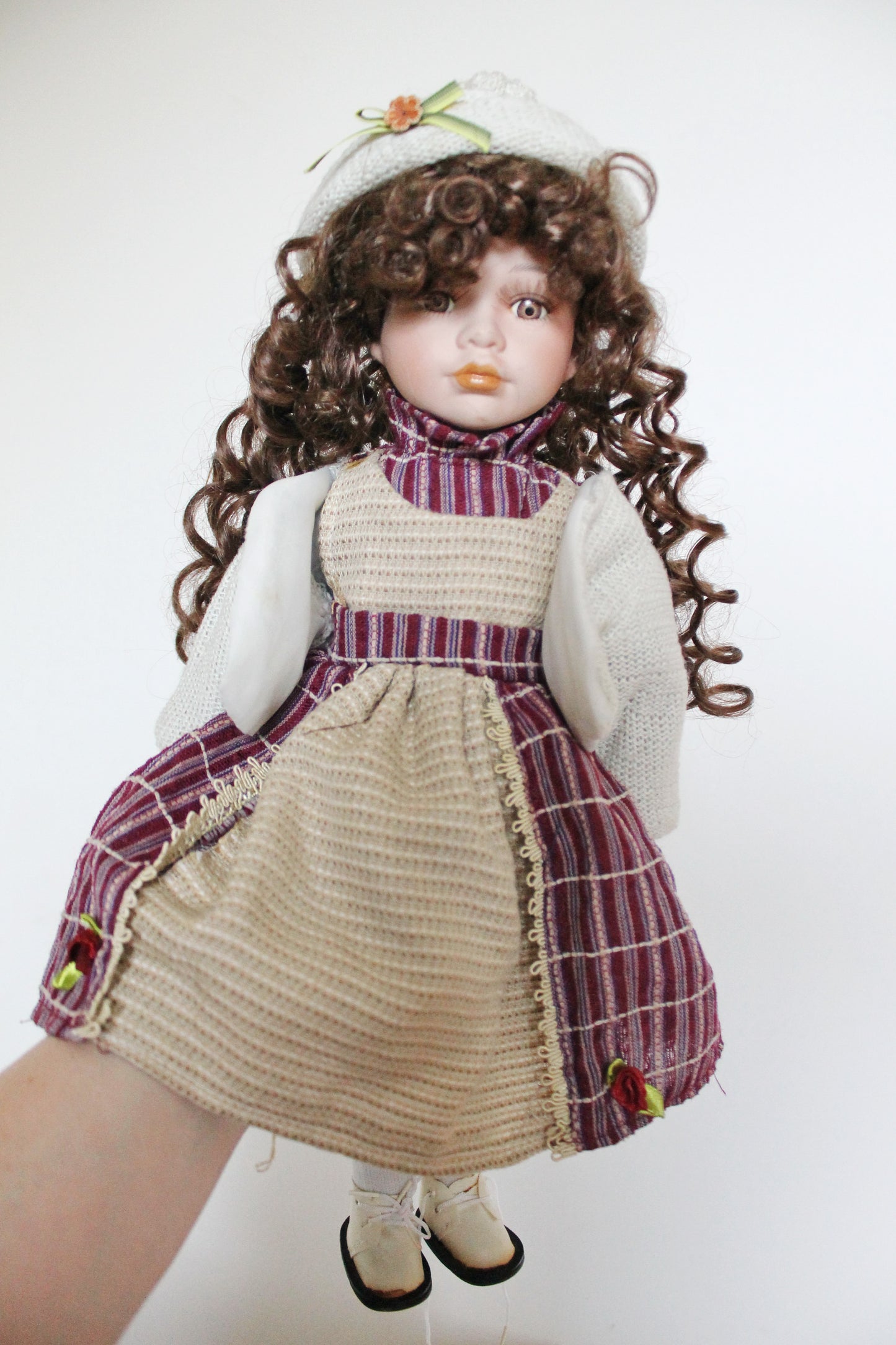 Vintage porcelain Germany cute winter doll in in a knitted hat - 16 inches - Collectible doll - 1970-1980s