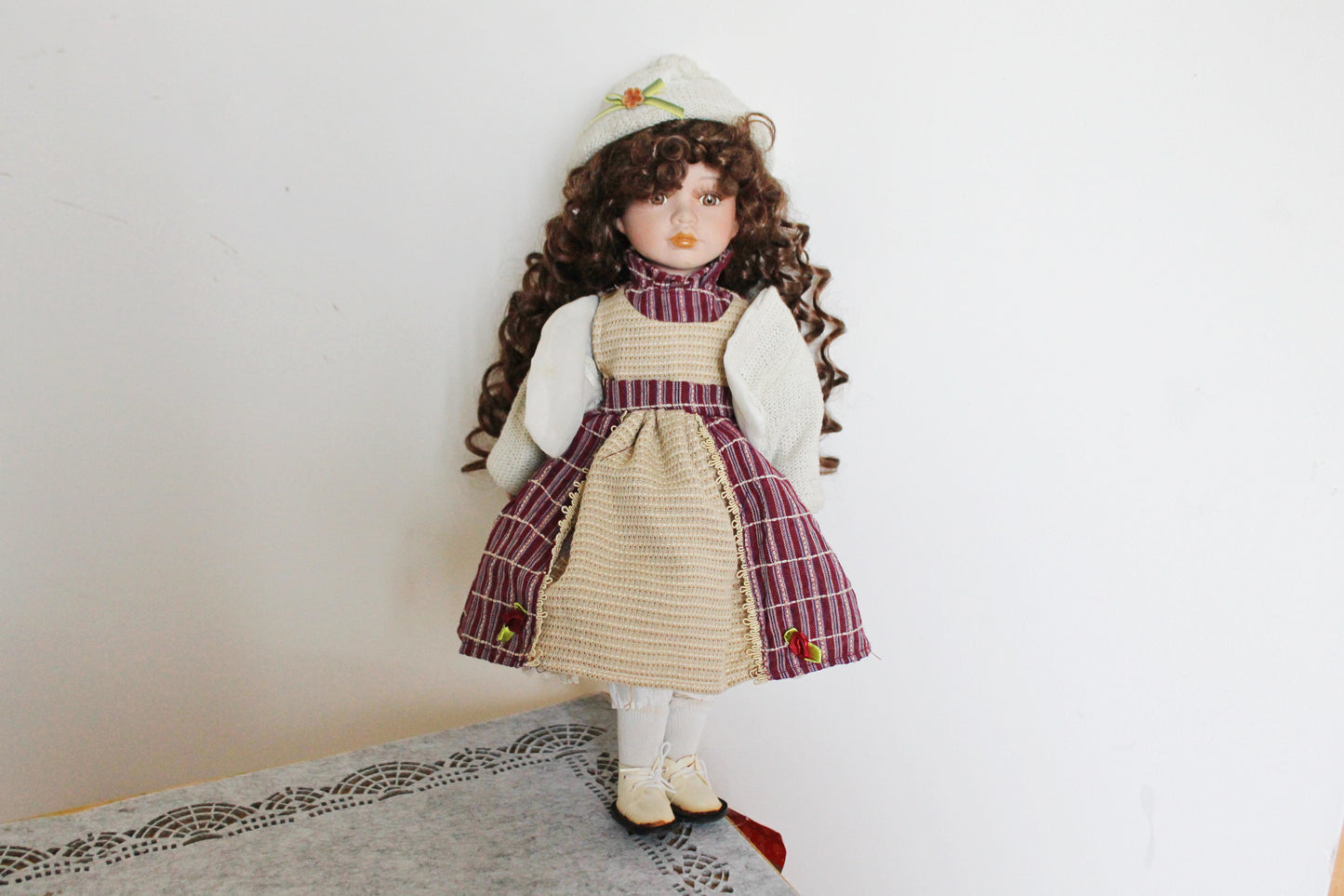 Vintage porcelain Germany cute winter doll in in a knitted hat - 16 inches - Collectible doll - 1970-1980s