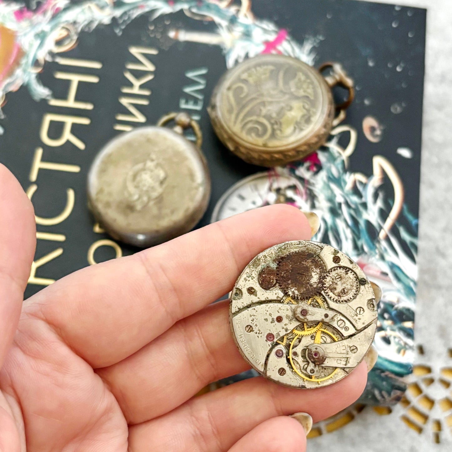 Vintage Pocket Watch Parts Lot, USSR Watch Movement, Antique Dials, Steampunk Assemblage, Restoration & Jewelry Making Supplies