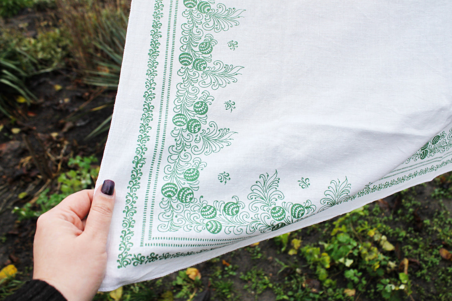 Soviet vintage floral head scarf with green ornament 30 inches - made in USSR - Babushka's head scarf - 1970s - Gypsy Shawl - Ethnic Scarf