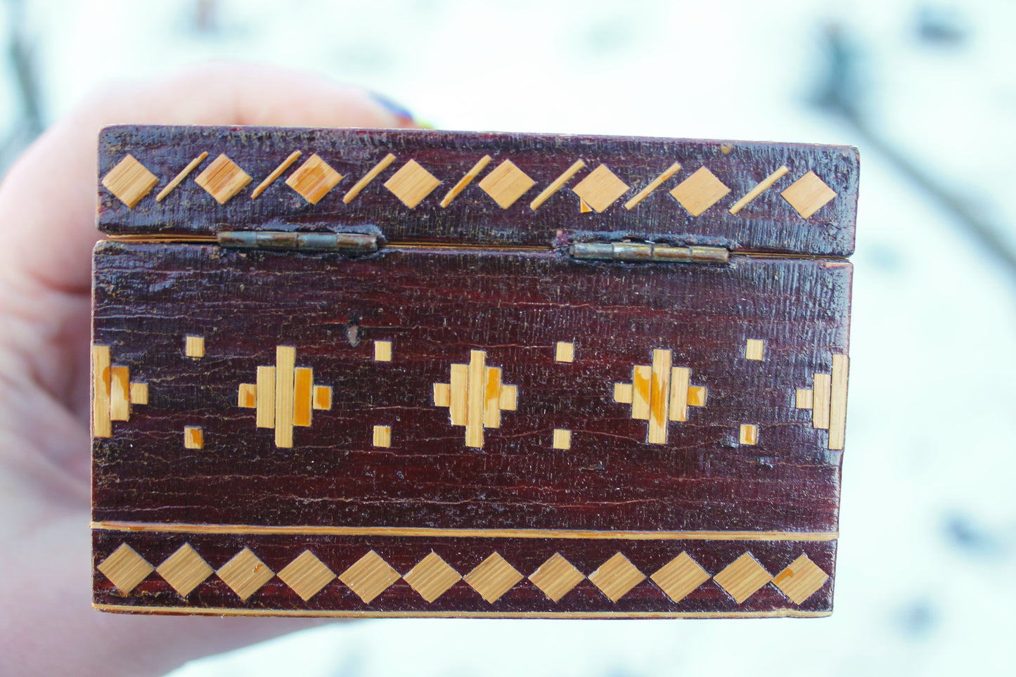 Vintage wooden box 3.5 inches, decorated with straw by handmade - made in Ukraine vintage jewelry box - 1970s