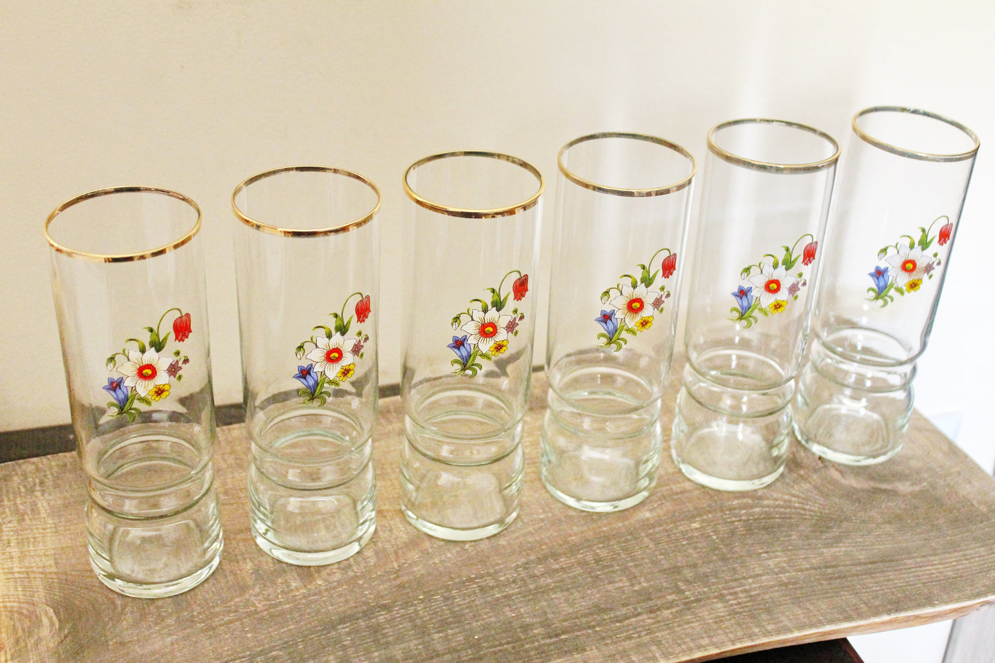 Set of 6 Vintage USSR tall Glasses with the flower applique - 6.7 inches glasswares, housewares, 1970-s. Soviet Union. Holiday decor