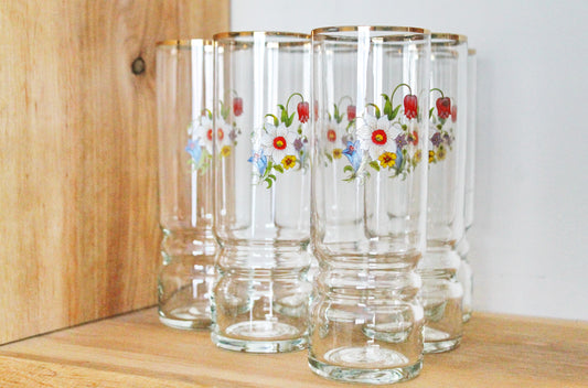 Set of 6 Vintage USSR tall Glasses with the flower applique - 6.7 inches glasswares, housewares, 1970-s. Soviet Union. Holiday decor