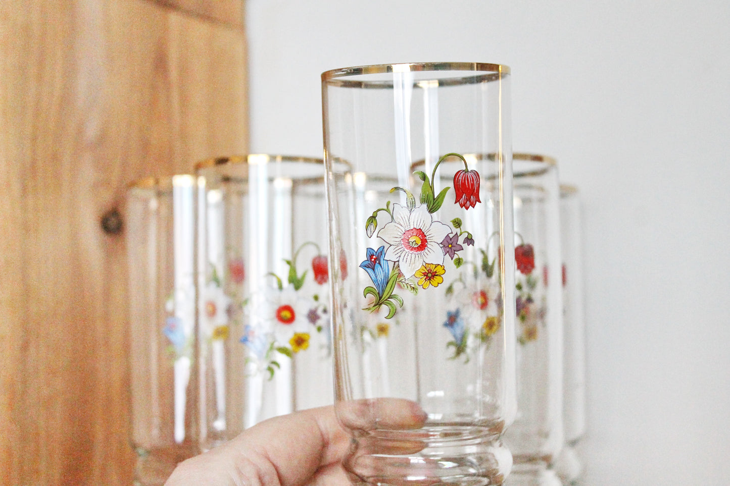 Set of 6 Vintage USSR tall Glasses with the flower applique - 6.7 inches glasswares, housewares, 1970-s. Soviet Union. Holiday decor