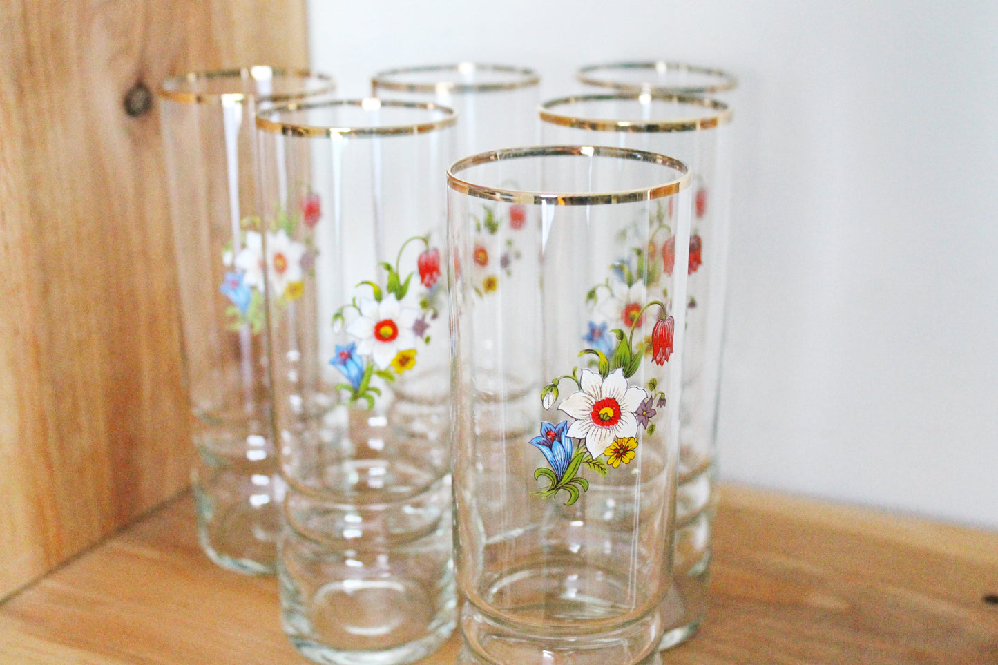 Set of 6 Vintage USSR tall Glasses with the flower applique - 6.7 inches glasswares, housewares, 1970-s. Soviet Union. Holiday decor