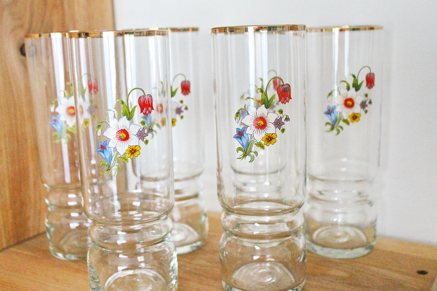 Set of 6 Vintage USSR tall Glasses with the flower applique - 6.7 inches glasswares, housewares, 1970-s. Soviet Union. Holiday decor