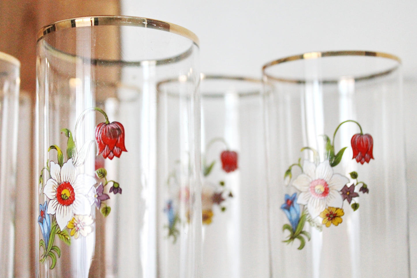 Set of 6 Vintage USSR tall Glasses with the flower applique - 6.7 inches glasswares, housewares, 1970-s. Soviet Union. Holiday decor