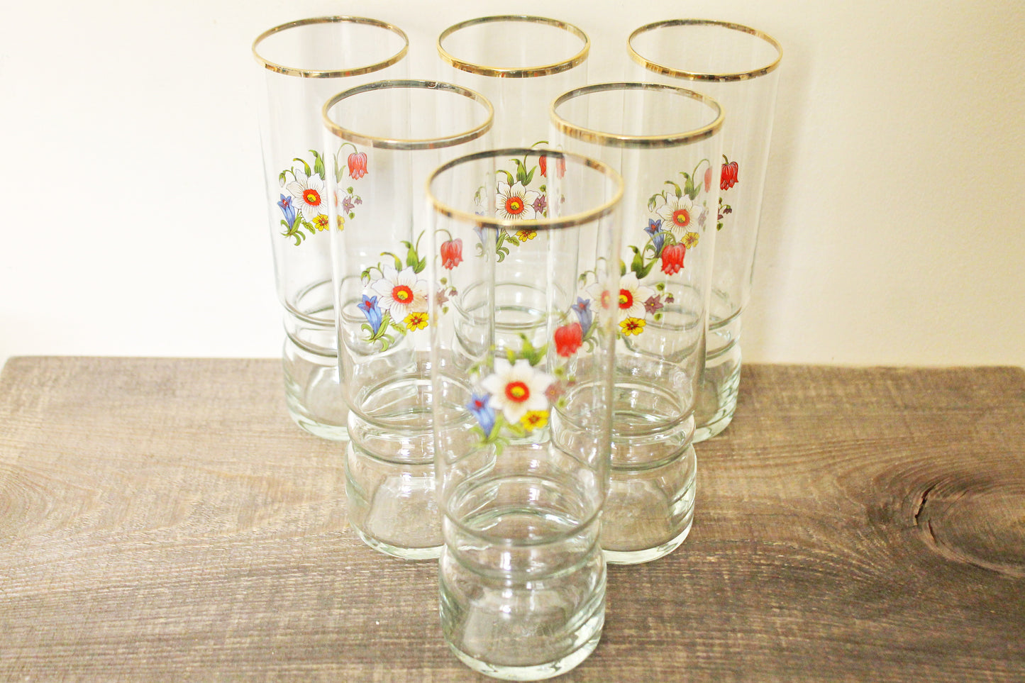 Set of 6 Vintage USSR tall Glasses with the flower applique - 6.7 inches glasswares, housewares, 1970-s. Soviet Union. Holiday decor