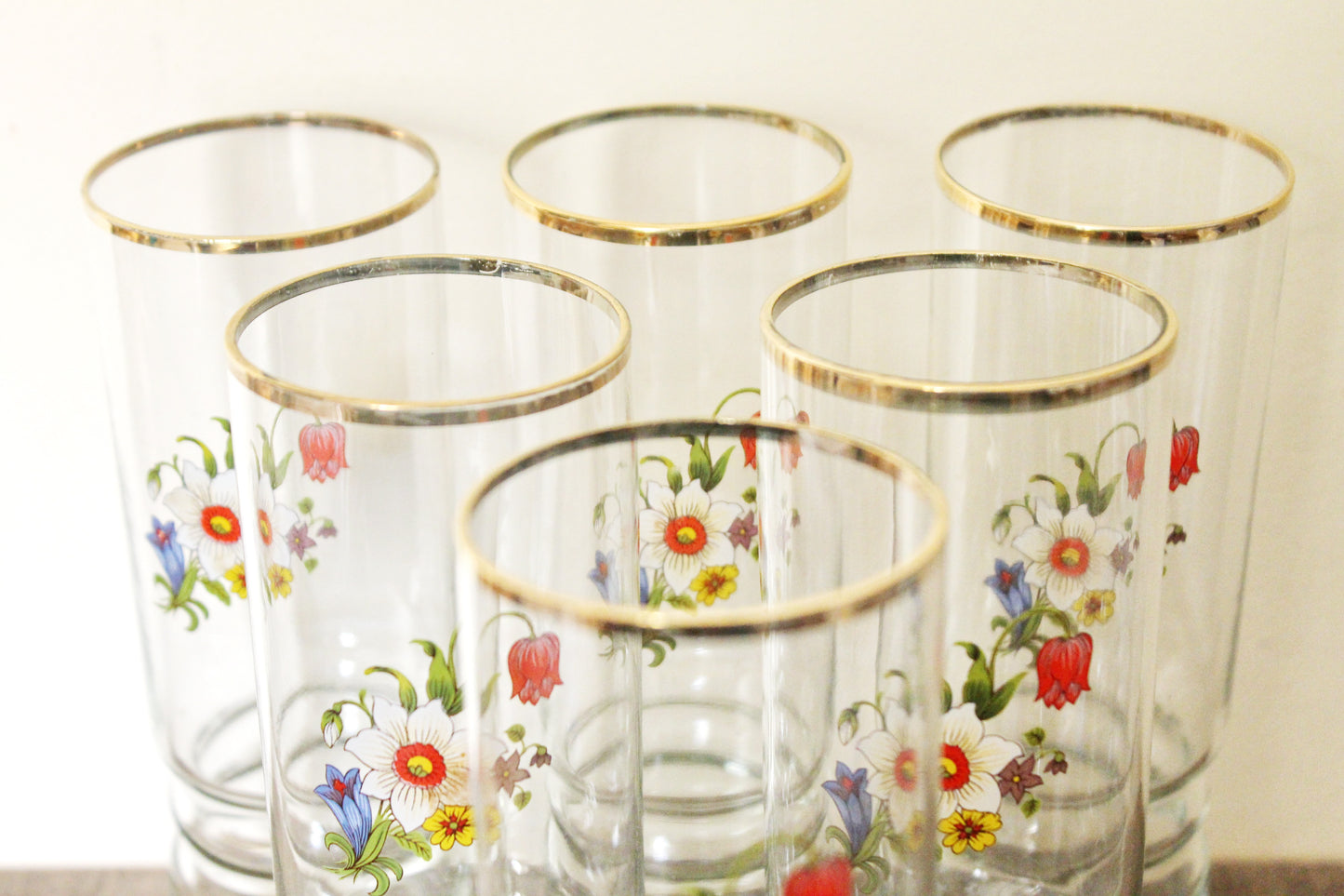 Set of 6 Vintage USSR tall Glasses with the flower applique - 6.7 inches glasswares, housewares, 1970-s. Soviet Union. Holiday decor