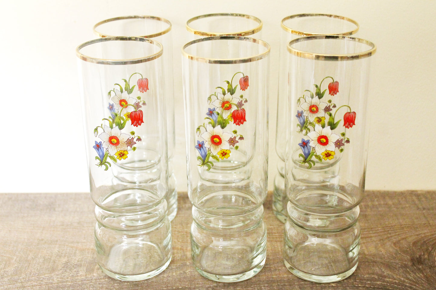 Set of 6 Vintage USSR tall Glasses with the flower applique - 6.7 inches glasswares, housewares, 1970-s. Soviet Union. Holiday decor