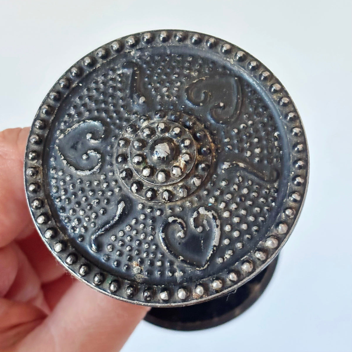 Antique Victorian Door Knob Pair with Ornate Metal Backplates, Threaded Spindle, Eastlake Style Architectural Salvage