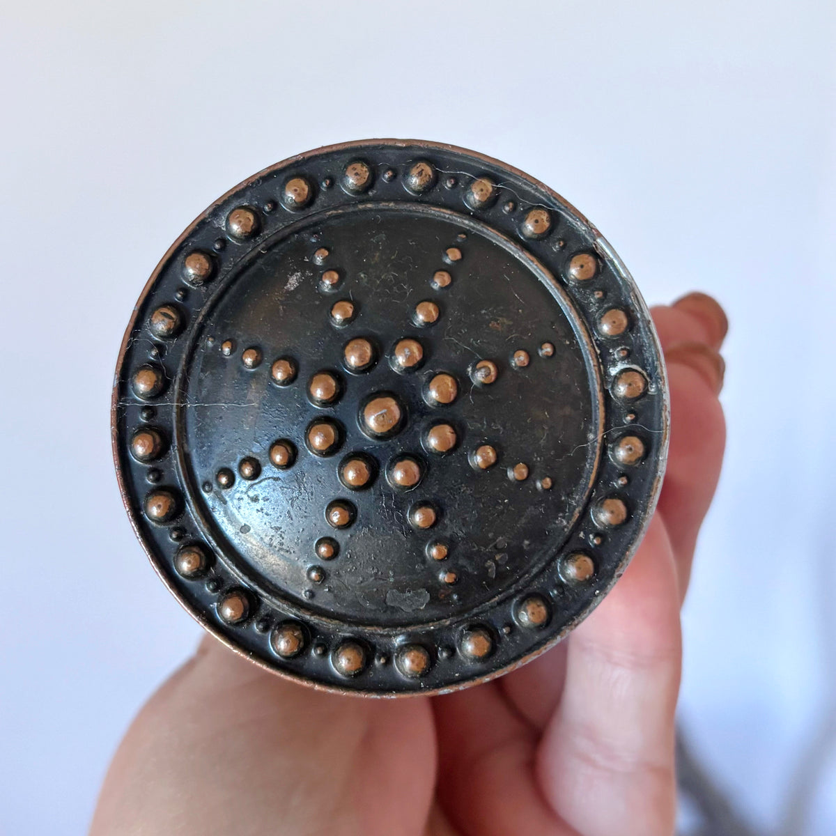 Antique Style Door Knob Pair, Art Nouveau Inspired Dotted Sunburst Design, Dark Patina Metal Hardware, Architectural Salvage