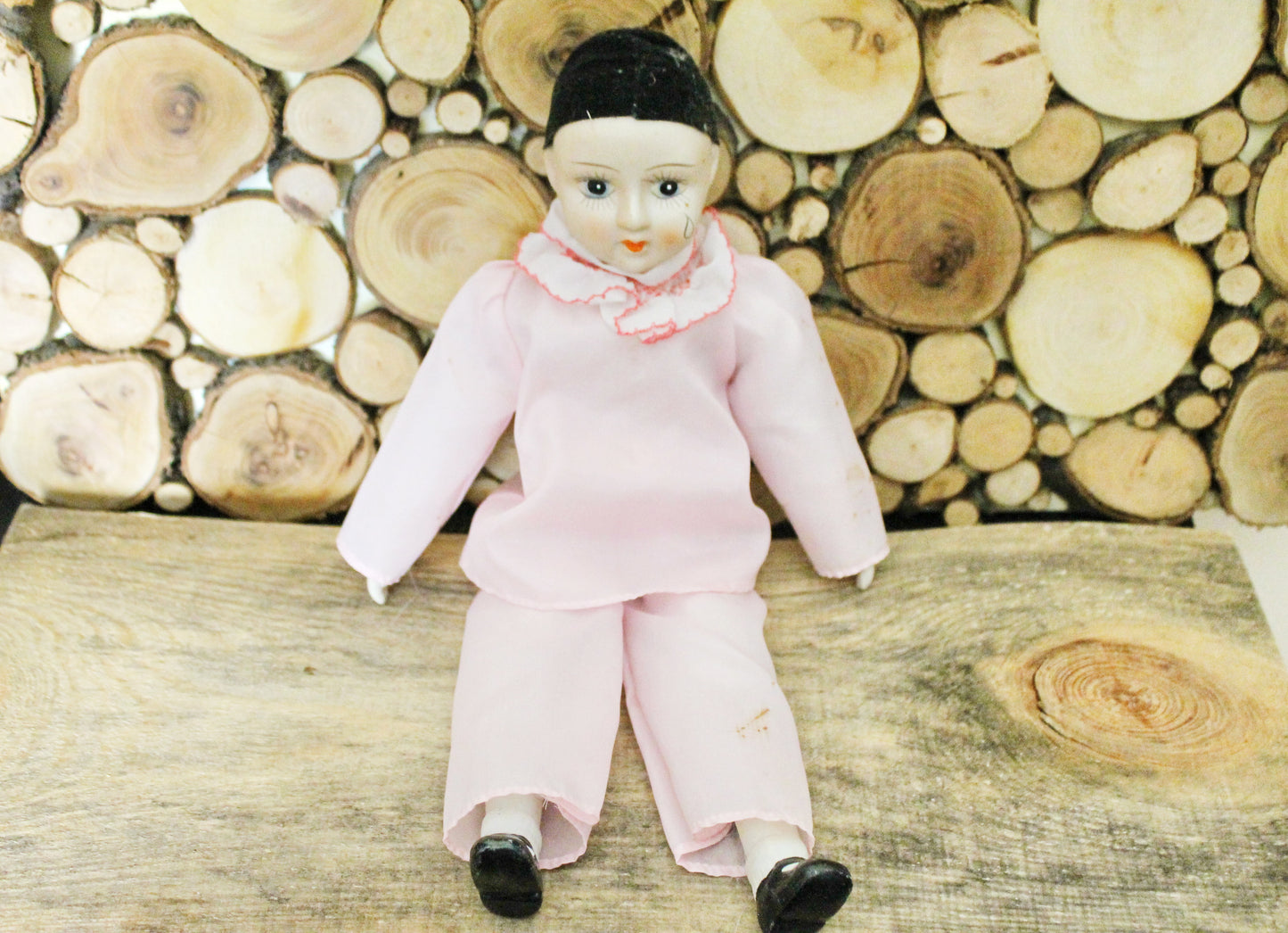Vintage porcelain rag doll Pierrot - 13 inches- collectible doll - porcelain doll - decor doll - 1970-1980s