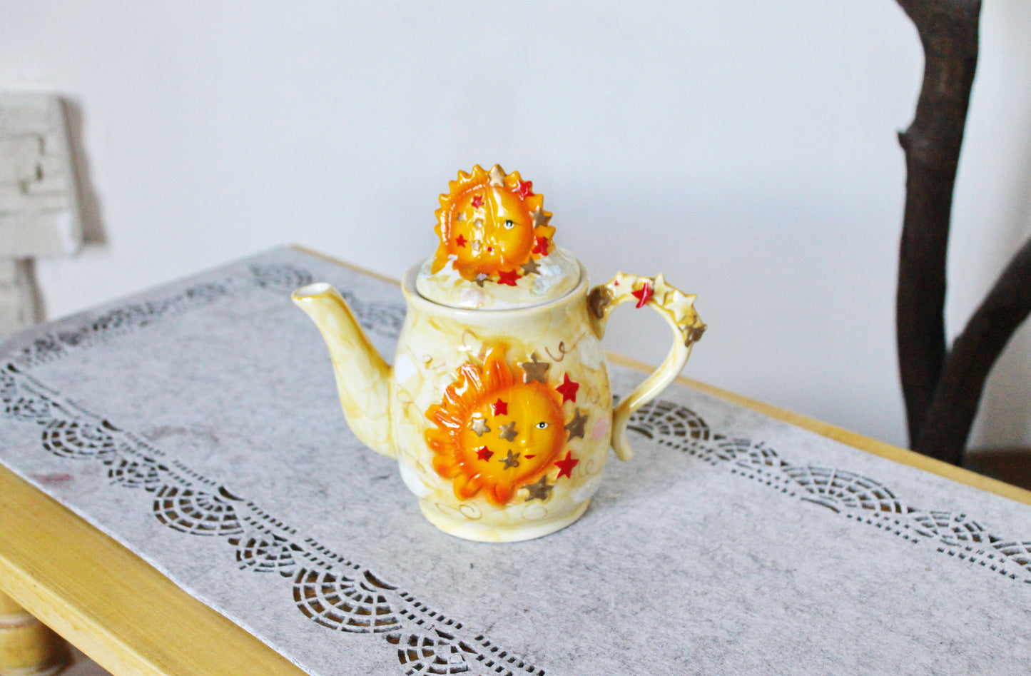 Vintage Yellow sunny/moon Tea Pot - vintage Ukrainian ceramic tea pot - 1990-2000s