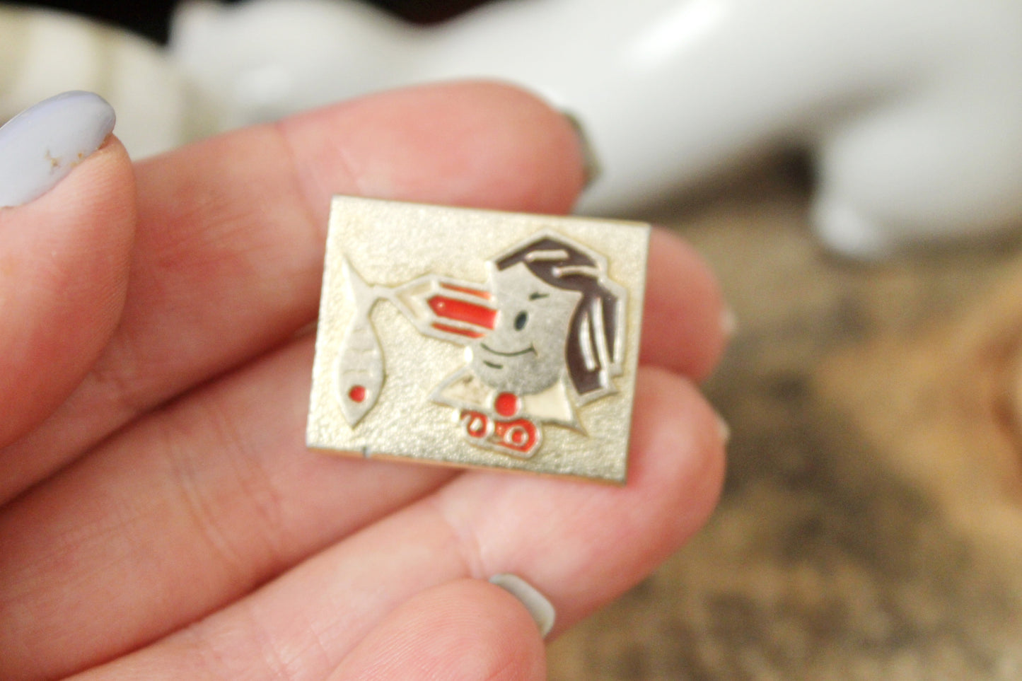 Vintage soviet children's pin badge - Pencil man with fish - animal, fairytale, made in USSR, 1970s