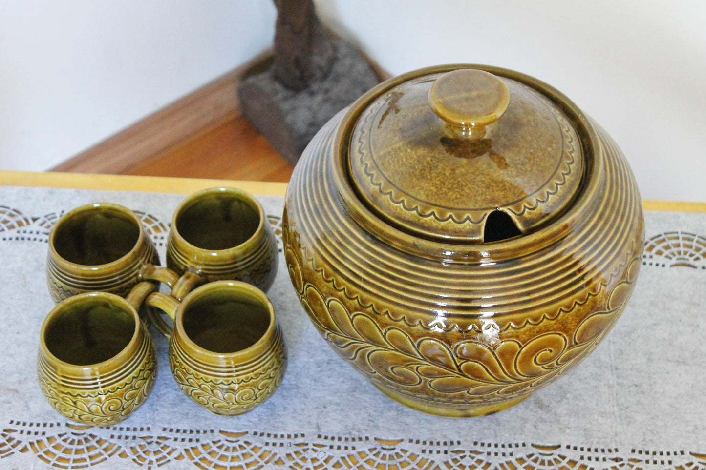 Rare Vintage German Punch Set - Marzi & Remy - Mid-Century Stoneware Beverage Set - 5-Piece Party Set - Brown Hand-Glazed Ceramic