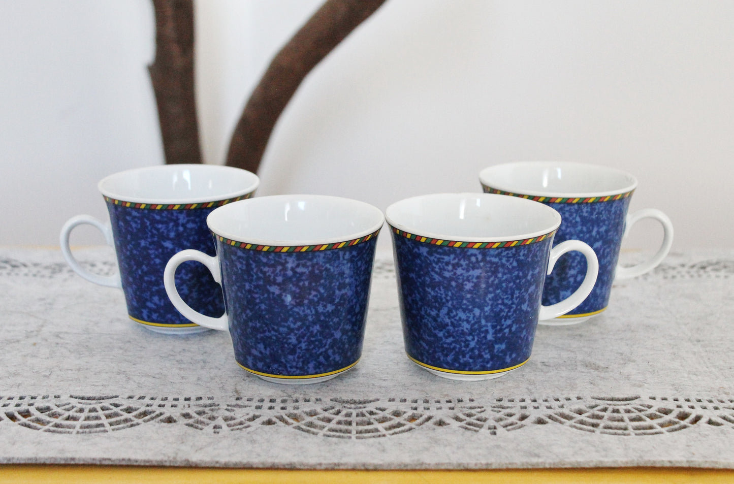 Vintage HW Design Germany Bavaria Coffee Mugs – Set of 4 – Blue Speckled Porcelain – 1980s – Dishwasher Safe