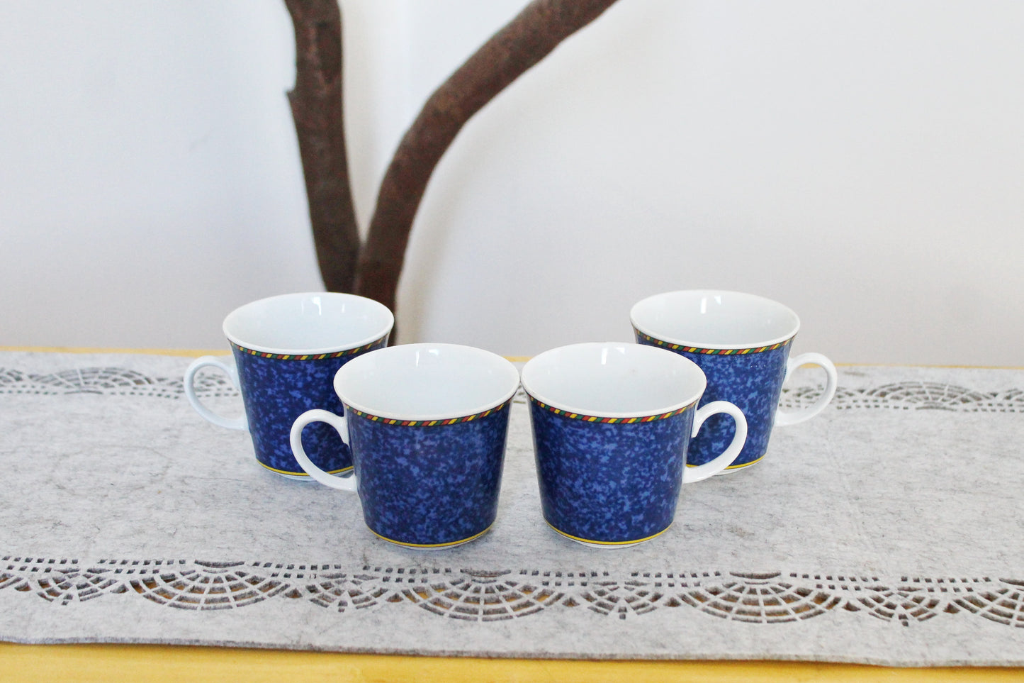Vintage HW Design Germany Bavaria Coffee Mugs – Set of 4 – Blue Speckled Porcelain – 1980s – Dishwasher Safe