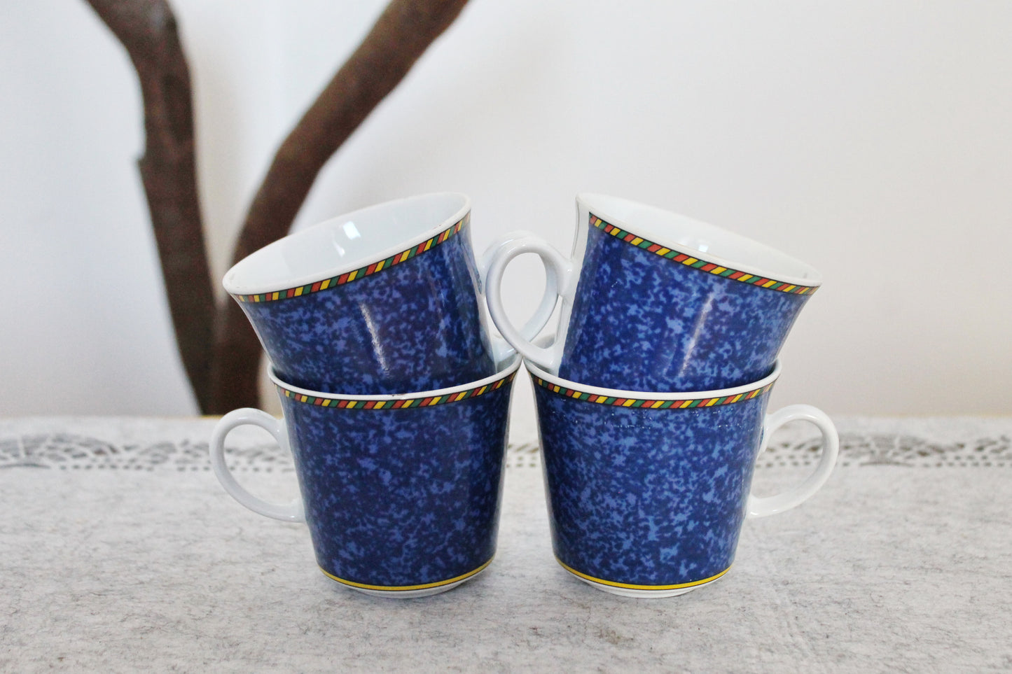 Vintage HW Design Germany Bavaria Coffee Mugs – Set of 4 – Blue Speckled Porcelain – 1980s – Dishwasher Safe