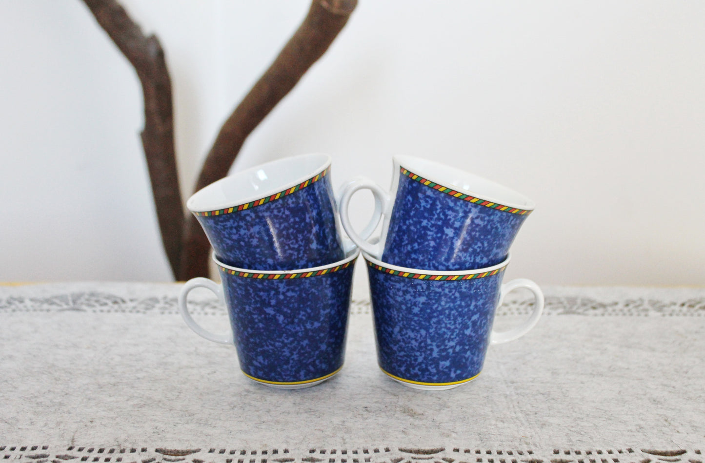 Vintage HW Design Germany Bavaria Coffee Mugs – Set of 4 – Blue Speckled Porcelain – 1980s – Dishwasher Safe