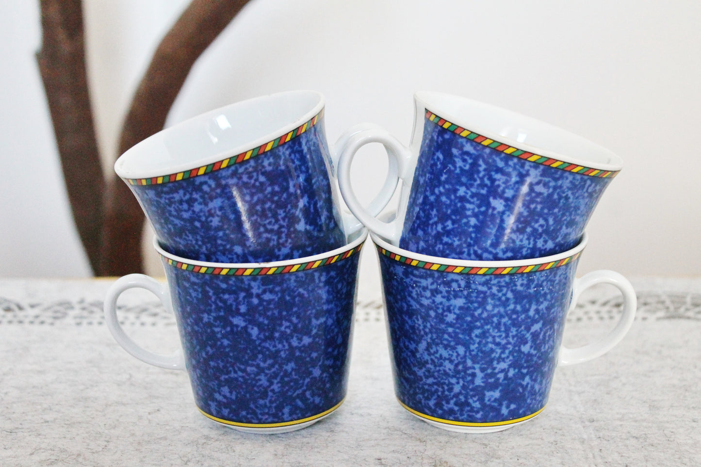 Vintage HW Design Germany Bavaria Coffee Mugs – Set of 4 – Blue Speckled Porcelain – 1980s – Dishwasher Safe