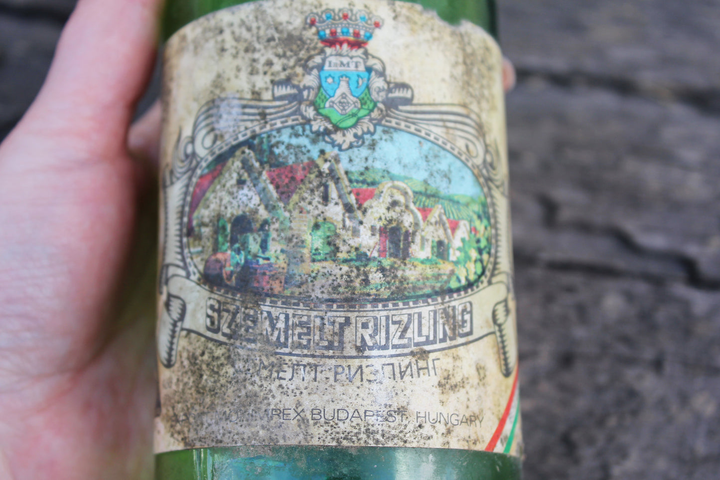 Vintage Hungarian green glass vine bottle - 12 inches - Vintage Glass Wine Bottle - 1980s