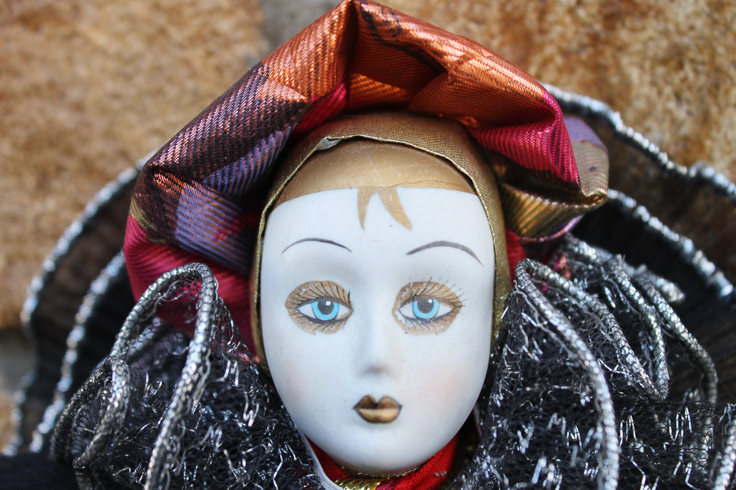 Vintage porcelain Venetian doll - Harlequin - 15.7 inches- collectible doll - porcelain doll - decor doll - 1980s