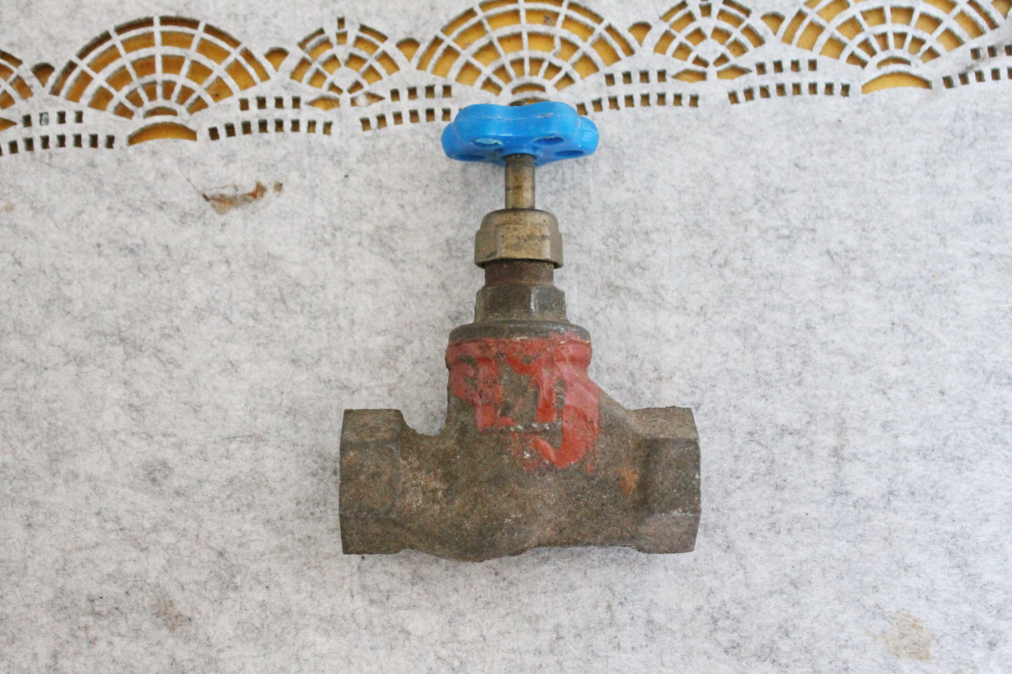 Vintage Industrial Metal Water Valve | Heavy Cast Iron Gate Valve with Blue Handle | Steampunk Decor, Loft Accent, Plumbing Salvage - 1960s