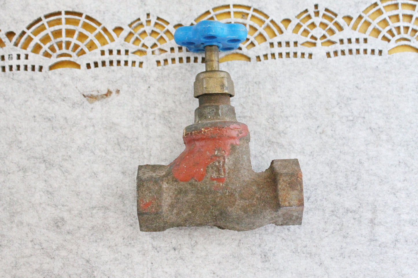 Vintage Industrial Metal Water Valve | Heavy Cast Iron Gate Valve with Blue Handle | Steampunk Decor, Loft Accent, Plumbing Salvage - 1960s