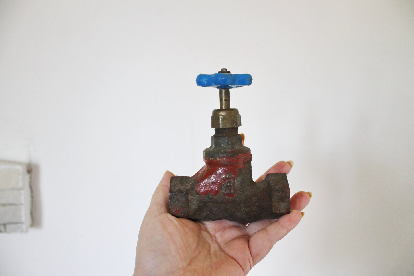 Vintage Industrial Metal Water Valve | Heavy Cast Iron Gate Valve with Blue Handle | Steampunk Decor, Loft Accent, Plumbing Salvage - 1960s