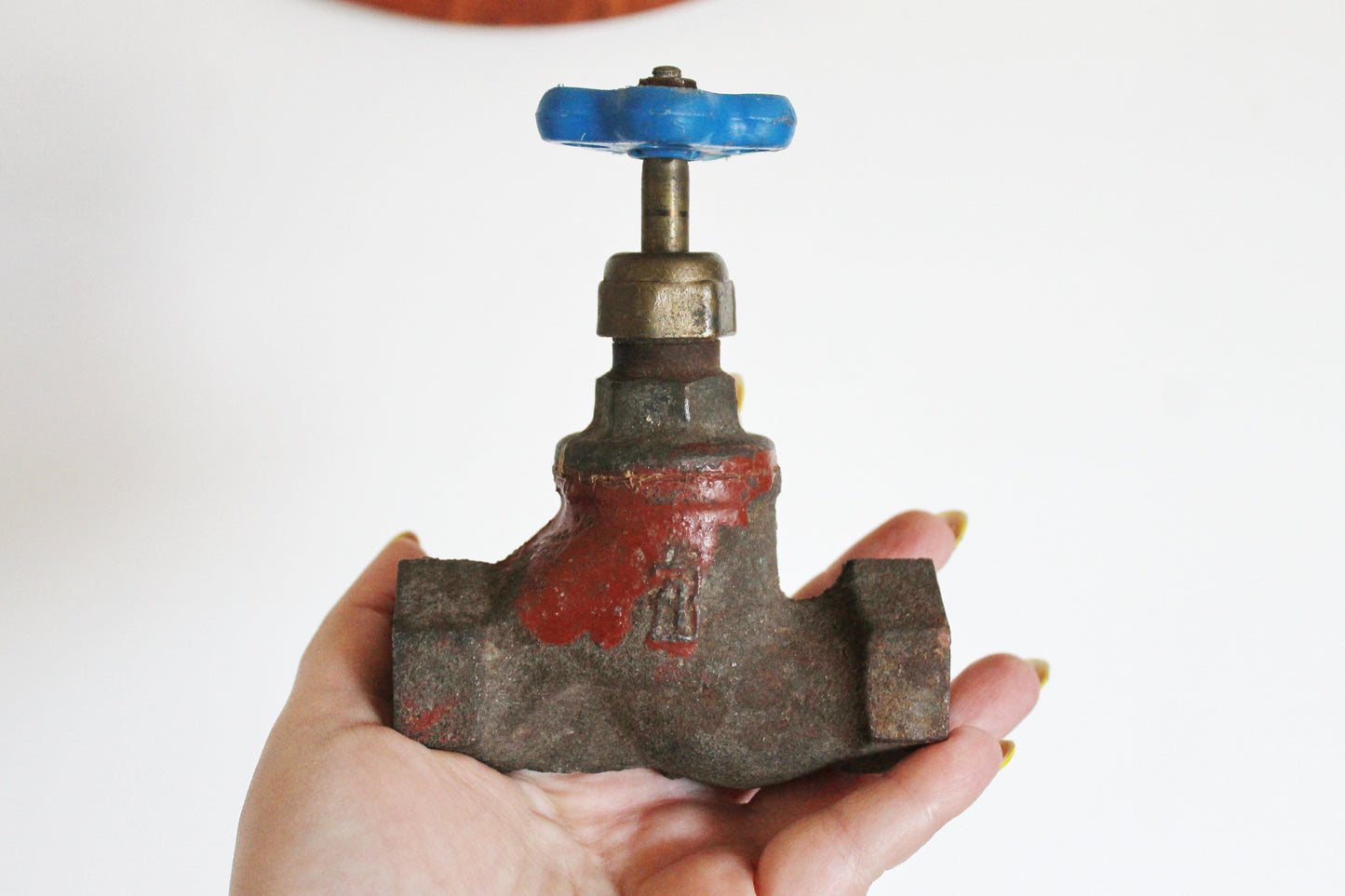 Vintage Industrial Metal Water Valve | Heavy Cast Iron Gate Valve with Blue Handle | Steampunk Decor, Loft Accent, Plumbing Salvage - 1960s