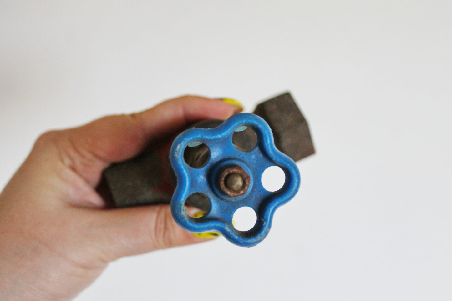 Vintage Industrial Metal Water Valve | Heavy Cast Iron Gate Valve with Blue Handle | Steampunk Decor, Loft Accent, Plumbing Salvage - 1960s
