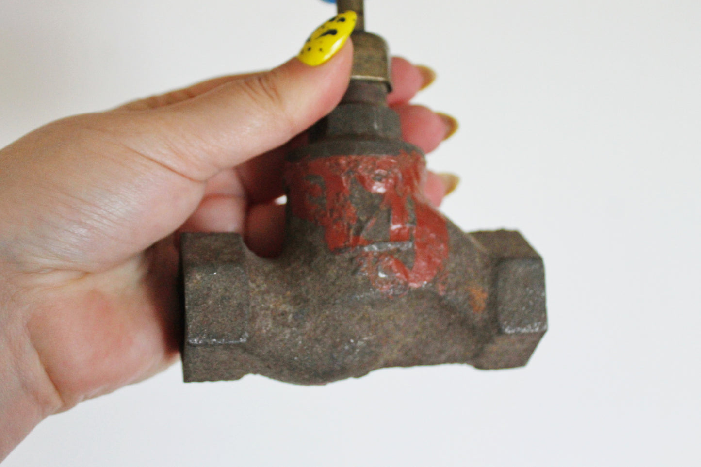 Vintage Industrial Metal Water Valve | Heavy Cast Iron Gate Valve with Blue Handle | Steampunk Decor, Loft Accent, Plumbing Salvage - 1960s