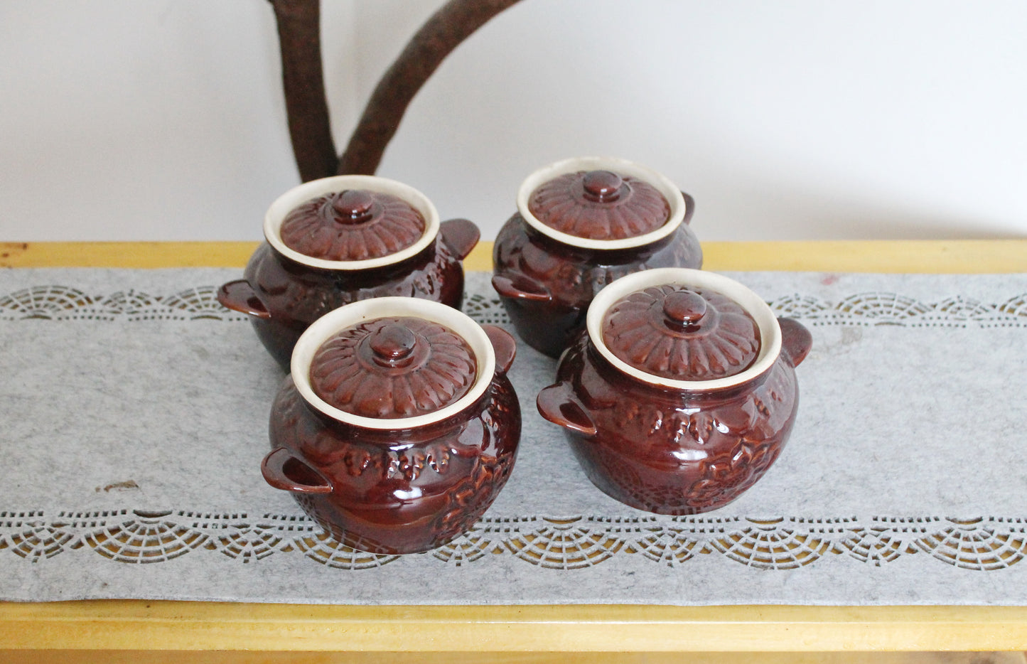 Vintage Brown Ceramic Cooking Pots Set of 4 - Rustic Clay Casserole Pots with Lids - Oven-Safe Clay Pots - Ukrainian Kitchenware - 1990s