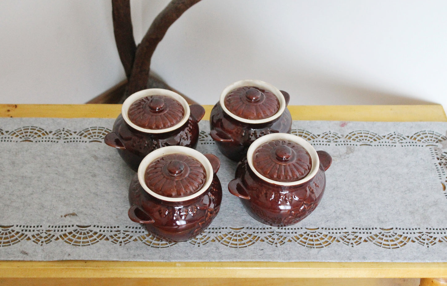 Vintage Brown Ceramic Cooking Pots Set of 4 - Rustic Clay Casserole Pots with Lids - Oven-Safe Clay Pots - Ukrainian Kitchenware - 1990s