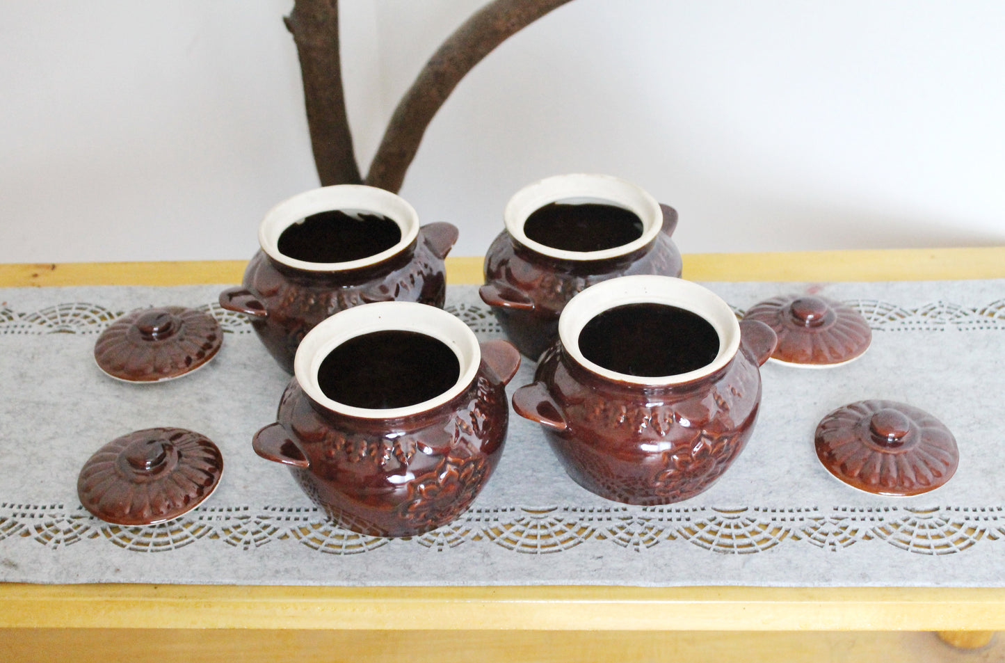 Vintage Brown Ceramic Cooking Pots Set of 4 - Rustic Clay Casserole Pots with Lids - Oven-Safe Clay Pots - Ukrainian Kitchenware - 1990s