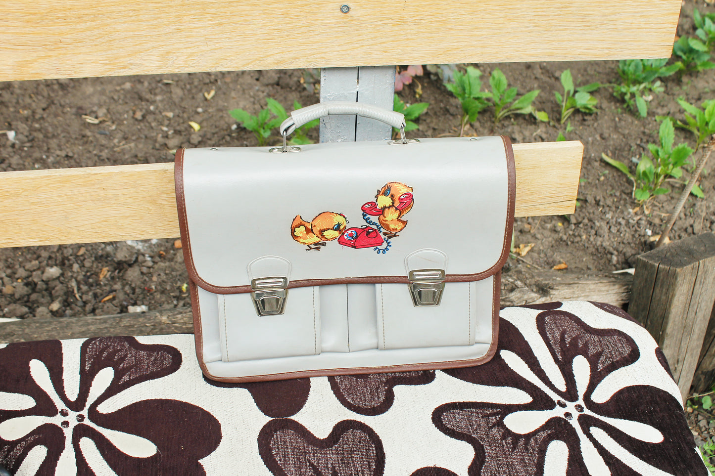Vintage Soviet School Satchel – USSR Briefcase with Chicks Illustration – 1970s – No Straps – Retro Children's Bag – Back to School